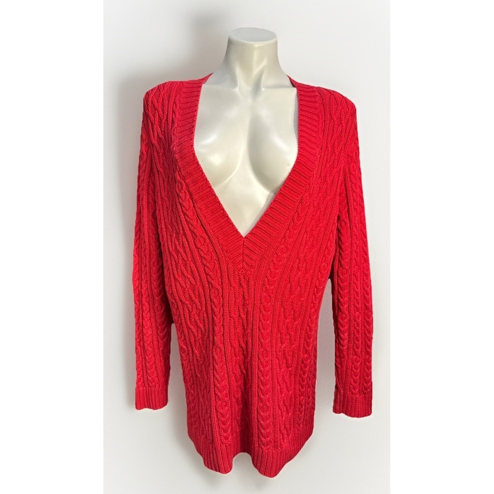 Jeanne Pierre Woman Red Cable Knit Deep V Neck Sweater Size 1X
